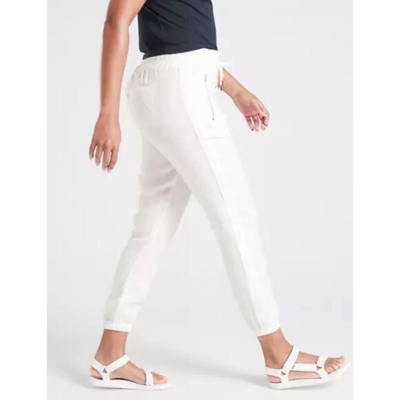 Athleta Cabo Linen Joggers Pants Womens Size 8 Petite White Zip Pockets Pull On - Picture 3 of 15